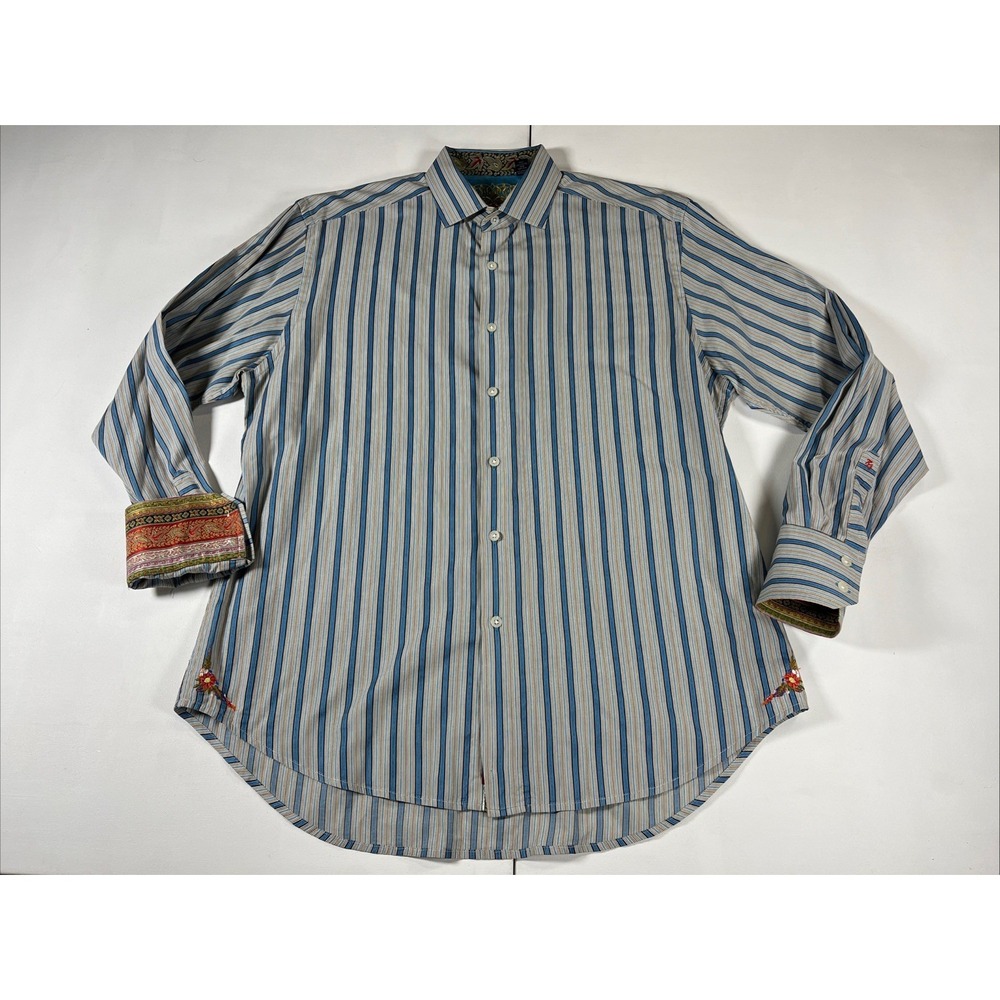 Robert Graham Multicolor Stripe Embroidered Paisley Flip Cuff Shirt Silk Trim XL